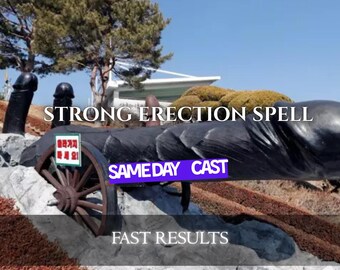 Op de afbeelding: Een grote, zwarte, fallusvormige sculptuur gemonteerd op een bruin houten wagenwiel, met de tekst "STRONG ERECTION SPELL", "SAME DAY CAST" en "FAST RESULTS" over de afbeelding heen, en een klein bordje met Koreaanse tekst.