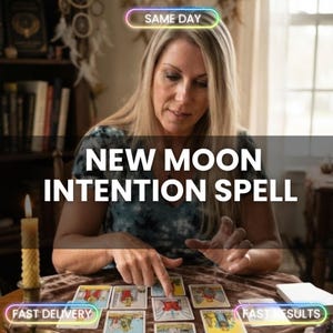 May include: A person pointing at a tarot card on a table with a lit candle. The text reads SAME DAY, NEW MOON INTENTION SPELL, FAST DELIVERY, and FAST RESULTS. The cards feature various illustrations and the person wears a dark patterned top.