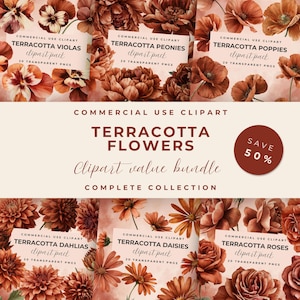May include: A digital clipart bundle featuring terracotta-colored flowers including violas, peonies, poppies, dahlias, daisies, and roses. The collection includes text labels for each flower type and a central title reading Terracotta Flowers Clipart Value Bundle.