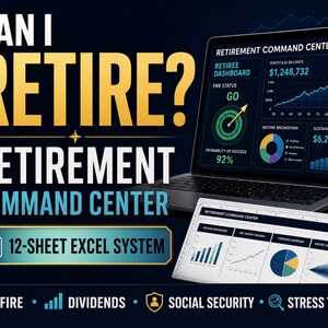 Pu&ograve; includere: Uno strumento digitale per la pianificazione pensionistica con un portatile che mostra una dashboard chiamata Retirement Command Center con grafici finanziari, insieme a un sistema Excel a 12 fogli. Il testo include FIRE, Dividends, Social Security e Stress Tests.