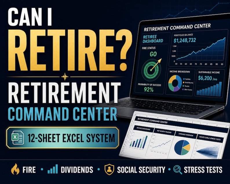 Pu&ograve; includere: Uno strumento digitale per la pianificazione pensionistica con un portatile che mostra una dashboard chiamata Retirement Command Center con grafici finanziari, insieme a un sistema Excel a 12 fogli. Il testo include FIRE, Dividends, Social Security e Stress Tests.