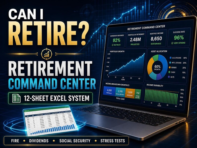Pu&ograve; includere: Un portatile che mostra una dashboard Retirement Command Center con grafici e metriche finanziarie. Il testo recita CAN I RETIRE?, RETIREMENT COMMAND CENTER, 12-SHEET EXCEL SYSTEM, FIRE, DIVIDENDS, SOCIAL SECURITY e STRESS TESTS.