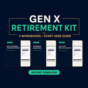 Op de afbeelding: Een digitale Gen X pensioenkit met drie werkboeken en een startgids. De tekst bevat Gen X Retirement Readiness Workbook, Retirement Income Map en Yield Trap Red-Flag Checklist. Het ontwerp is uitgevoerd in donkerblauw en turquoise.