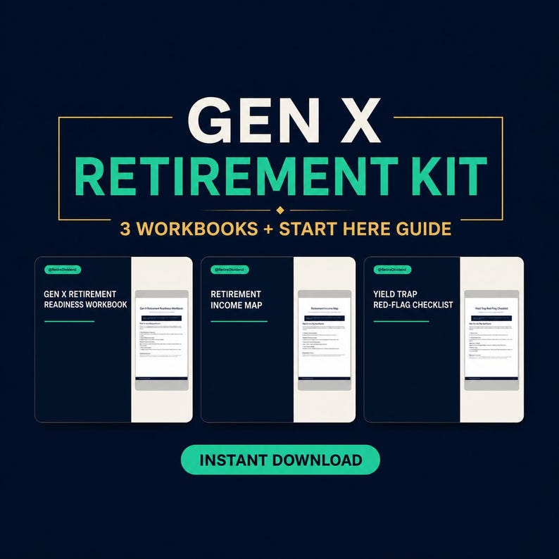 Op de afbeelding: Een digitale Gen X pensioenkit met drie werkboeken en een startgids. De tekst bevat Gen X Retirement Readiness Workbook, Retirement Income Map en Yield Trap Red-Flag Checklist. Het ontwerp is uitgevoerd in donkerblauw en turquoise.