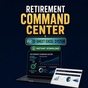 Pu&ograve; includere: Uno strumento digitale per la pianificazione della pensione intitolato RETIREMENT COMMAND CENTER, con un sistema Excel a 12 fogli per il download immediato. Il display mostra un laptop e un tablet con grafici finanziari e il 92%.