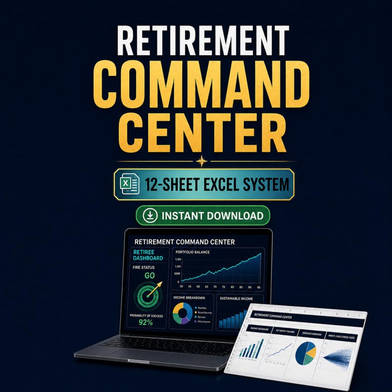 Pu&ograve; includere: Uno strumento digitale per la pianificazione della pensione intitolato RETIREMENT COMMAND CENTER, con un sistema Excel a 12 fogli per il download immediato. Il display mostra un laptop e un tablet con grafici finanziari e il 92%.