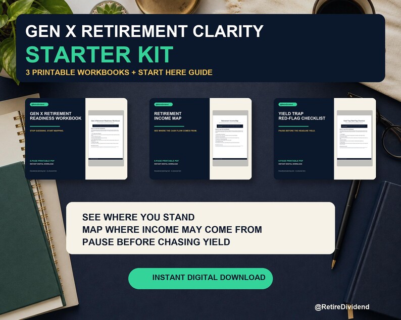 Op de afbeelding: Gen X Retirement Clarity Starter Kit met drie printbare werkboeken en een startgids. De documenten zijn getiteld Gen X Retirement Readiness Workbook, Retirement Income Map en Yield Trap Red-Flag Checklist. Bevat tekst: See where you stand, map where income may come from, pause before chasing yield en instant digital download.