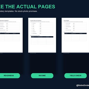 Op de afbeelding: Drie witte digitale documentpagina's met de titels Your Retirement Snapshot, Income Source Inventory en Price Signal, elk voorzien van invulvelden en tabellen. De tekst SEE THE ACTUAL PAGES staat bovenaan, met daaronder groene knoppen met de labels READINESS, INCOME en YIELD CHECK.