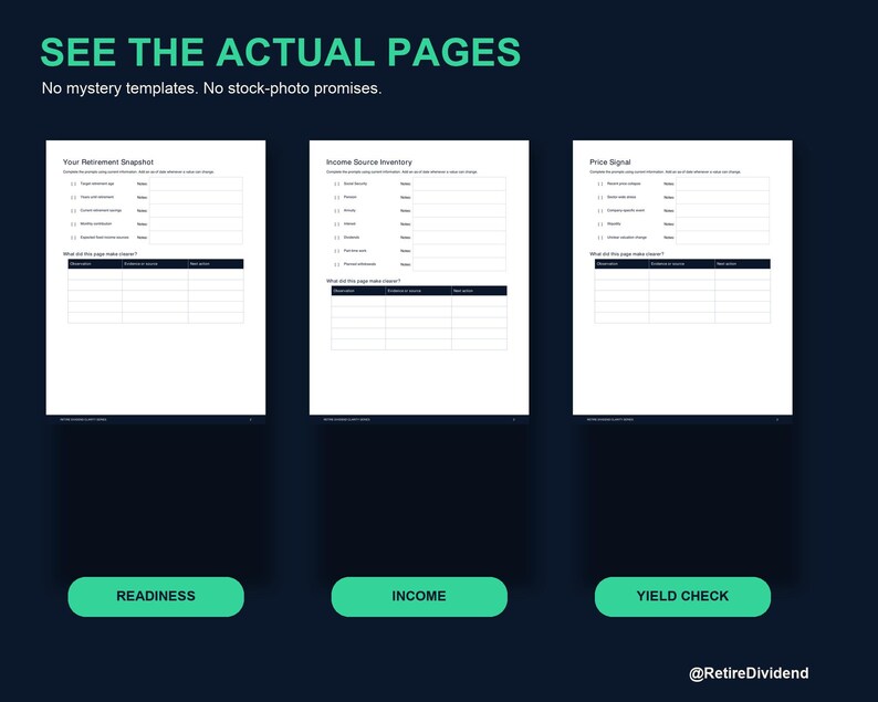 Op de afbeelding: Drie witte digitale documentpagina's met de titels Your Retirement Snapshot, Income Source Inventory en Price Signal, elk voorzien van invulvelden en tabellen. De tekst SEE THE ACTUAL PAGES staat bovenaan, met daaronder groene knoppen met de labels READINESS, INCOME en YIELD CHECK.