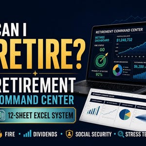 Pu&ograve; includere: Uno strumento digitale per la pianificazione pensionistica con un portatile che mostra una dashboard Retirement Command Center e un tablet con un sistema Excel a 12 fogli. Il testo recita: CAN I RETIRE? RETIREMENT COMMAND CENTER 12-SHEET EXCEL SYSTEM.