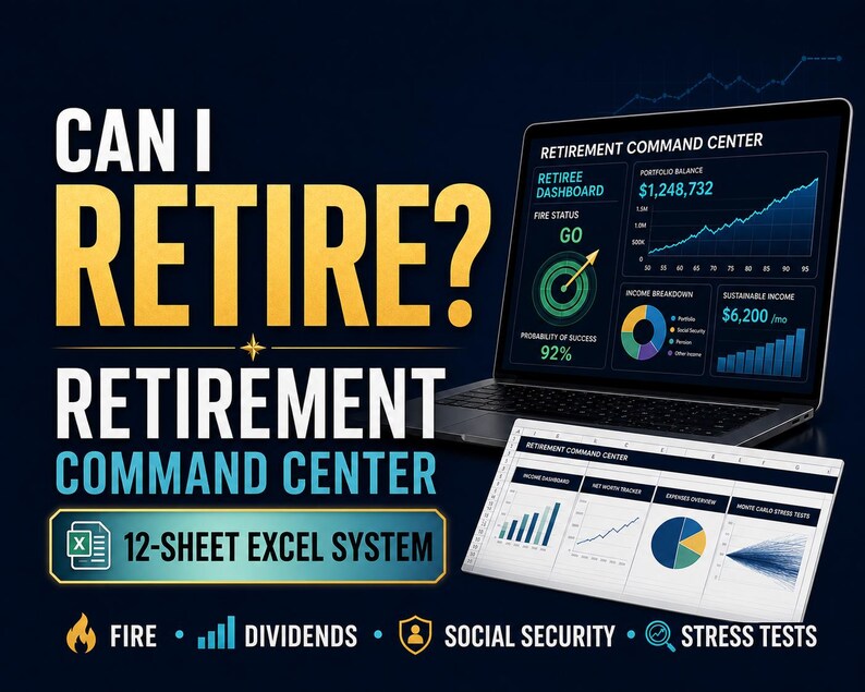 Pu&ograve; includere: Uno strumento digitale per la pianificazione pensionistica con un portatile che mostra una dashboard Retirement Command Center e un tablet con un sistema Excel a 12 fogli. Il testo recita: CAN I RETIRE? RETIREMENT COMMAND CENTER 12-SHEET EXCEL SYSTEM.