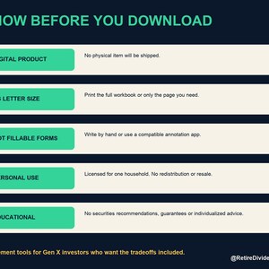 Op de afbeelding: Een donkerblauwe informatieve afbeelding getiteld KNOW BEFORE YOU DOWNLOAD met vijf groene en cr&egrave;mekleurige horizontale rijen. De tekst bevat DIGITAL PRODUCT, US LETTER SIZE, NOT FILLABLE FORMS, PERSONAL USE, EDUCATIONAL en RetireDividend onderaan.