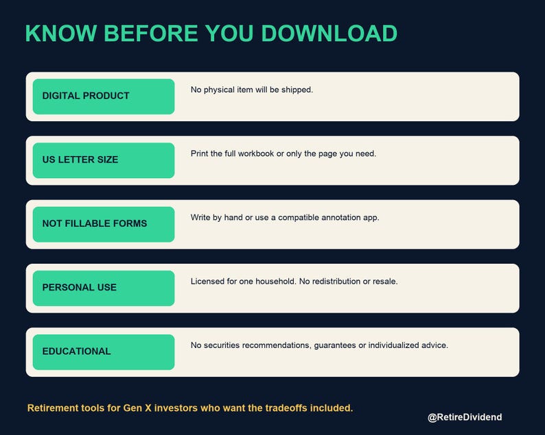 Op de afbeelding: Een donkerblauwe informatieve afbeelding getiteld KNOW BEFORE YOU DOWNLOAD met vijf groene en cr&egrave;mekleurige horizontale rijen. De tekst bevat DIGITAL PRODUCT, US LETTER SIZE, NOT FILLABLE FORMS, PERSONAL USE, EDUCATIONAL en RetireDividend onderaan.