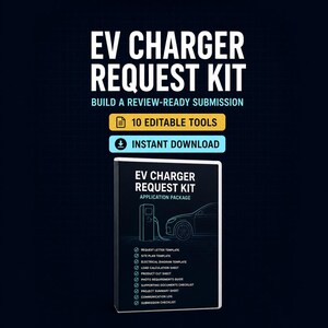 Könnte beinhalten: Ein EV Charger Request Kit Antrags-Paket mit 10 bearbeitbaren Werkzeugen und Sofort-Download. Das digitale Dokumentencover zeigt den Titel, eine Strichzeichnung einer Ladestation für Elektrofahrzeuge und eine Checkliste der enthaltenen Vorlagen.