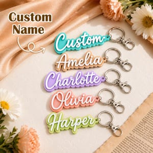 Pode incluir: Cinco porta-chaves personalizados com argolas e fechos de mosquetão em metal prateado. Cada porta-chaves apresenta letras brancas em relevo sobre uma base colorida em turquesa, bege, roxo, coral e verde claro, com os nomes Custom, Amelia, Charlotte, Olivia e Harper.