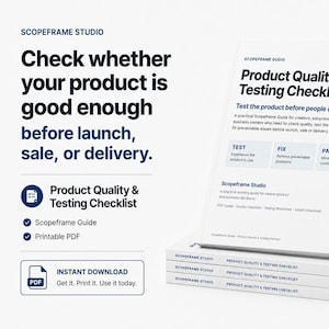 Op de afbeelding: Een witte digitale gids getiteld Product Quality & Testing Checklist van Scopeframe Studio. Het document bevat secties voor testen, repareren en goedkeuren, met tekst over het evalueren van producten vóór de lancering, verkoop of levering.