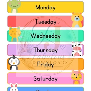 Puede incluir: Un cartel educativo de los días de la semana con siete barras horizontales de colores etiquetadas de lunes a domingo. Cada barra incluye una ilustración de un animal de dibujos animados, como una rana, oso, gato, vaca, pingüino, zorro y conejo, con texto en negro.