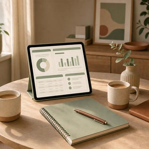 Op de afbeelding: Een tablet in een saliegroene hoes met een datadashboard met grafieken, geplaatst op een ronde houten tafel naast twee gespikkelde keramische mokken, een spiraalgebonden saliegroen notitieboek, een pen en een bruin notitieboek met lederen kaft.