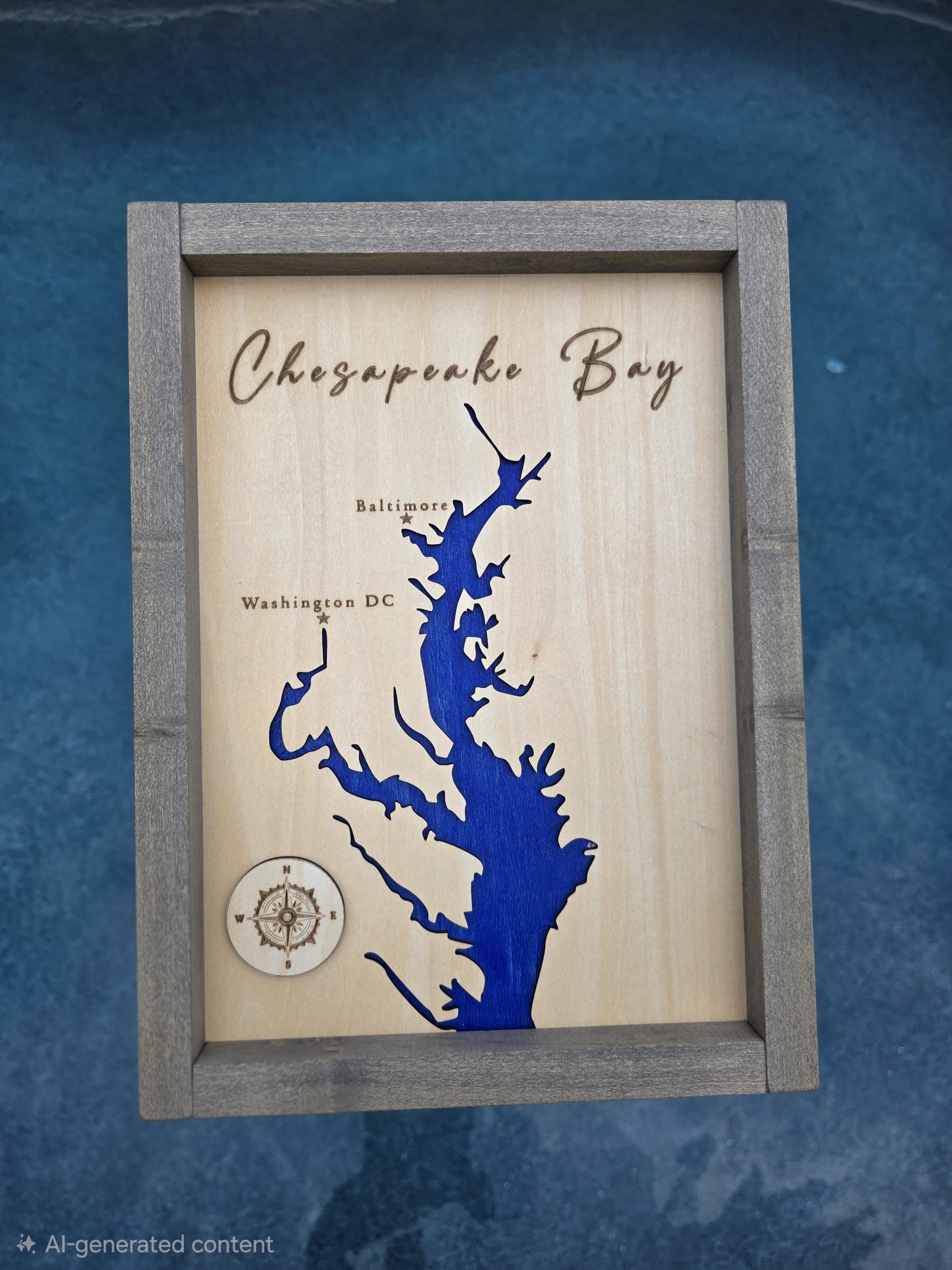 Chesapeake Bay Wood Map Wall Art, Laser Engraved Maryland Coastal Decor, Gray Frame