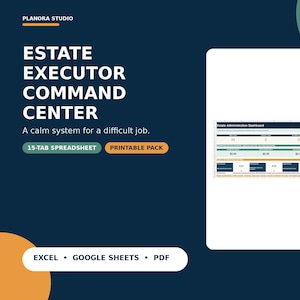Estate Executor Spreadsheet, After Death Checklist, Probate Asset and Debt Tracker, Expense Log, Beneficiary Distribution Organizer