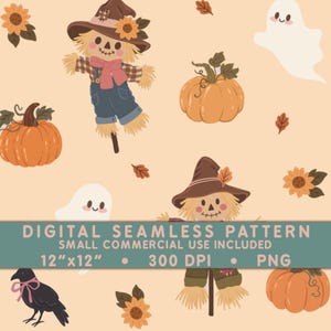 Pode incluir: Um padrão digital sem costuras com espantalhos, abóboras cor de laranja, girassóis, fantasmas e um corvo preto num fundo pêssego claro. Texto: DIGITAL SEAMLESS PATTERN, SMALL COMMERCIAL USE INCLUDED, 12"x12", 300 DPI, PNG.