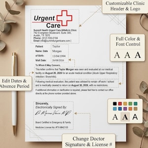 以下が含まれることがあります： Summit Health Urgent Careのカスタマイズ可能な医療診断書テンプレート。患者名、生年月日、受診日、医療詳細の入力欄があります。赤い十字のロゴ、医師の署名、ライセンス番号が記載されています。