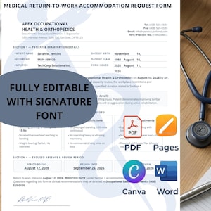May include: A Medical Return-to-Work Accommodation Request Form document featuring sections for patient details, examination information, and work restrictions. The form includes a signature line and icons for PDF, Pages, Canva, and Word software compatibility.