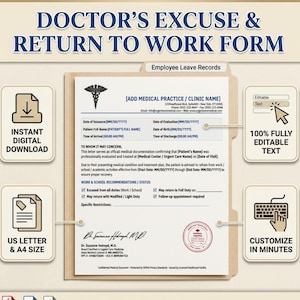 May include: A digital Doctor's Excuse & Return to Work Form template in a manila folder. The document features a medical caduceus symbol, fields for patient and clinic details, and checkboxes for work status. Includes icons for download, editable text, and keyboard.