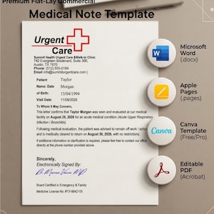May include: A digital medical note template for Urgent Care featuring a red cross logo, clinic contact details, patient information for Taylor Morgan, and a doctor's signature. Includes icons for Microsoft Word, Apple Pages, Canva, and PDF formats.