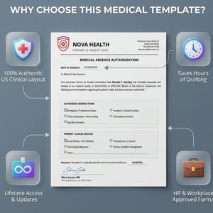 May include: A white medical absence authorization template from Nova Health Primary & Urgent Care. The document includes fields for patient name, date of issuance, authorized absence categories, primary clinical reasons, and a physician signature line.