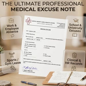 Può includere: Un documento di giustificazione medica bianco intitolato The Ultimate Professional Medical Excuse Note, con il logo del Metro Urgent Care & Health Center, campi di testo per i dati del paziente e una firma, circondato da quattro icone quadrate traslucide.