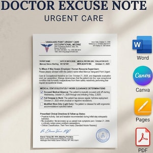 May include: A white document titled Doctor Excuse Note Urgent Care featuring Vanguard Point Urgent Care branding. It includes patient details for Marcus Vance Sterling, medical status checkboxes, clinical directives, and a signature by Dr. Eleonor Vance, MD.