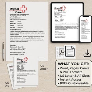 May include: A digital template set for an Urgent Care medical note, featuring a letterhead with a red cross logo, patient details for Taylor Morgan, and a signature. Includes US Letter and A4 sizes, compatible with Word, Pages, Canva, and PDF formats.