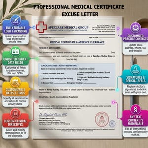 May include: A professional medical certificate excuse letter template from ApexCare Medical Group. The document features fields for patient details, clinical directives, activity restrictions, and doctor signatures, with callout boxes highlighting editable sections.