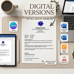 Puede incluir: Una plantilla de descarga digital para una nota médica de Urgent Care con un logotipo azul de estrella de la vida, detalles de la paciente Laura Wilson y una línea de firma. Compatible con Canva, Microsoft Word, Apple Pages y formatos PDF editables.