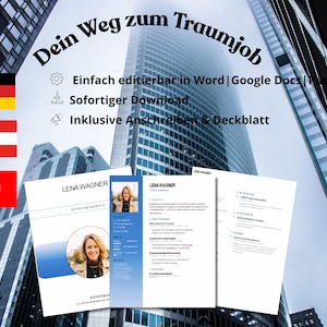 May include: A digital resume template set featuring the text 'Dein Weg zum Traumjob', 'Einfach editierbar in Word | Google Docs | Pages', 'Sofortiger Download', and 'Inklusive Anschreiben & Deckblatt', displayed over a skyscraper background.
