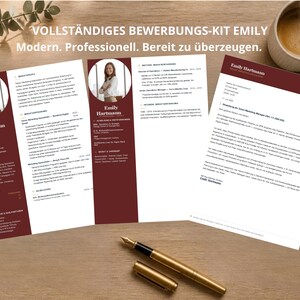 May include: A professional resume kit template featuring three white documents with dark red sidebars, including a profile photo of a person, contact details, work history, and a cover letter. The text reads VOLLSTÄNDIGES BEWERBUNGS-KIT EMILY.
