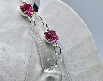 Sterling Silver Earrings 1.25 Carat Swarovski Berry Pink Crystal and Blown Glass Crystal drops. Handmade One of a Kind Jewelry Gift for her.