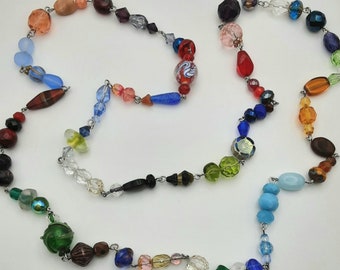 Czech Glass Beaded wired Necklace. Vintage Boho Hand made OOAK 36 inches long.  Versatile Colorful Jewelry to coordinate with everything!