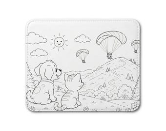 Dog and Cat Watching Paragliders Leather Placemat | Scenic Outdoor Illustration