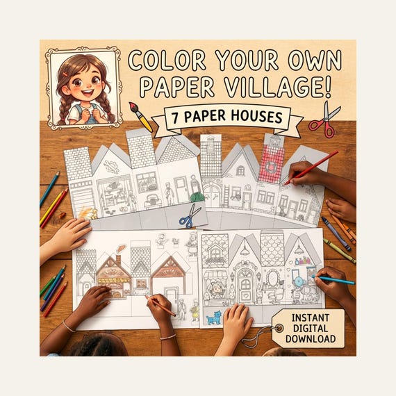 Paper Village Coloring Pages, Printable Houses Craft Kit, DIY Miniature City (Digital Download)