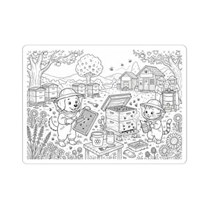 May include: A black and white coloring page illustration featuring a puppy and a kitten dressed as beekeepers. They are tending to beehives in a garden with flowers, trees, and a small wooden building. Bees fly around the scene while the animals work with honey frames, a smoker, and jars.