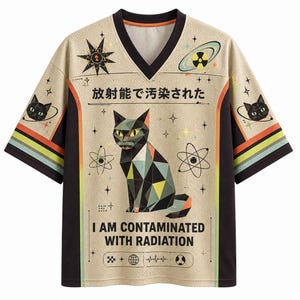 Pode incluir: Uma camisola de decote em V bege com um gráfico de gato geométrico, símbolos atómicos e o texto "I AM CONTAMINATED WITH RADIATION" junto a caracteres japoneses. A peça inclui painéis laterais pretos e detalhes nas mangas.