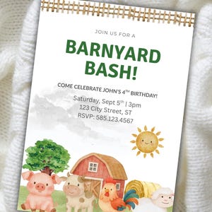 May include: A rectangular invitation card featuring a watercolor barnyard scene with a pig, cow, rooster, and sheep. Text reads: JOIN US FOR A BARNYARD BASH! COME CELEBRATE JOHN'S 4TH BIRTHDAY! Saturday, Sept 5th | 3pm 123 City Street, ST RSVP: 585.123.4567.