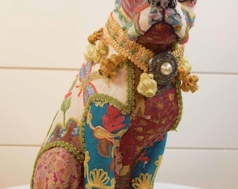 Handmade Boxer Dog statue Sculpture: Embroidered Fabric, Vintage Jewelry Collar, Resin Base