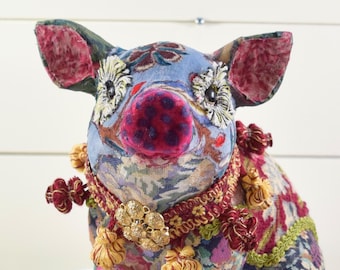 Large Handmade Fabric Covered Pig Statue: Floral Cotton, Velvet, Needlepoint, Faux Taxidermy