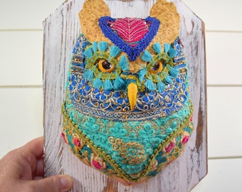 Sculpture Handmade Sari Fabric Owl Head Wall Mount – 3D Sculpture