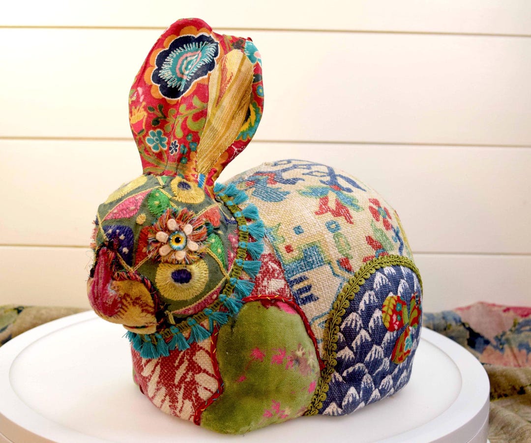 Sculpture Large Fabric Covered Rabbit Sculpture: Vintage Embroidered ...