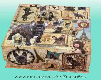Embellished Parisian Box Decoupaged Black Brindle French Bulldogs-Handmade-Jewelry-Memory-Keepsake-Custom-Memorial-Art-Artwork-Gift-Dog
