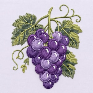 May include: An embroidery design of a cluster of purple grapes with green leaves and curling vines. The grapes feature circular stitching with white highlights to create a rounded appearance, while the leaves have detailed vein patterns.